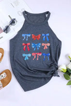 Dark gray bow graphic round neck tank top with colorful red blue and striped bows playful pattern