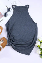 Dark gray soft textured sleeveless bow graphic round neck tank with twisted knot detail at the hem