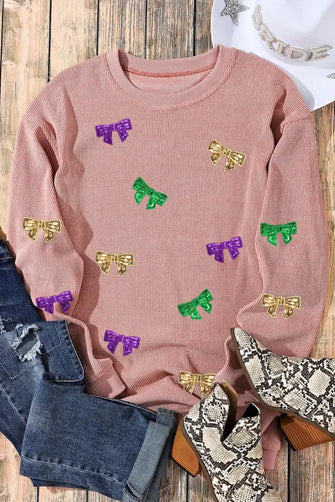 Bow Sequin Round Neck Sweatshirt Dusty Pink Woman Sweatshirts