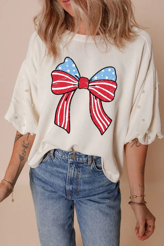 Bowknot Graphic Pearl Embellished Patriotic T Shirt for Women White