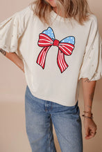 Bowknot Graphic Pearl Embellished Patriotic T Shirt for Women