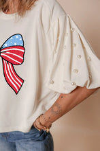 Bowknot Graphic Pearl Embellished Patriotic T Shirt for Women