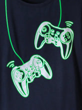 Neon green gaming controller necklace in boys navy blue video game controller short set kids length