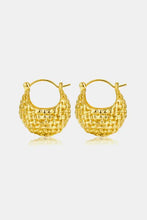Braided basket metal hoop earrings with textured gold woven design