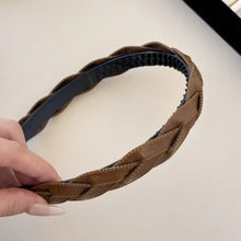 Brown leather braided hair headband with comb grip