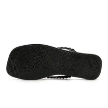 Black braided strap beach toe post slippers with textured sole