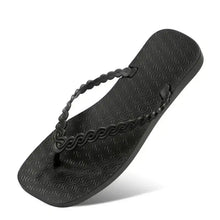 Single black rubber braided strap beach toe post slipper with square toe