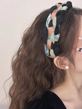 Blue and black denim braided wide headband with washed denim stars and gold shimmer accents