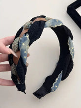 Braided wide headband with washed denim stars and gold shimmer accents