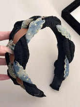 Black, blue, and brown denim braided wide headband with washed denim stars