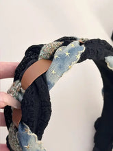 Braided wide headband with black washed denim stars and gold shimmer accents