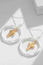 Brass contrast cross dangle earrings with silver hoops and gold charms
