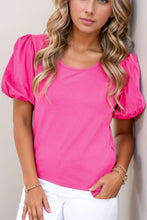 Bright Pink Casual Round Neck Bubble Sleeve Blouse for Women Hot Pink
