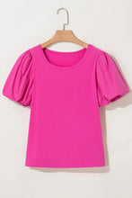 Bright Pink Casual Round Neck Bubble Sleeve Blouse for Women