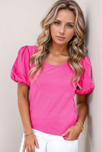 Bright Pink Casual Round Neck Bubble Sleeve Blouse for Women