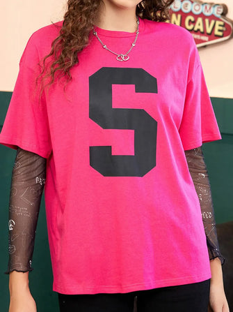Bright Pink Cotton T-Shirt with Black S for Women Cerise