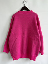 Bright Pink Knit Sweater with Green Lettering Long Sleeve Pullover