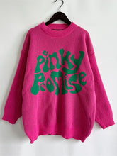 Bright Pink Knit Sweater with Green Lettering Long Sleeve Pullover