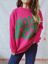 Bright Pink Knit Sweater with Green Lettering Long Sleeve Pullover Deep Rose
