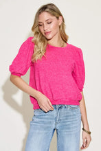 Bright Pink Round Neck Lantern Half Sleeve Sweater for Women