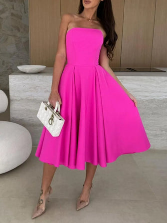 Bright Pink Strapless Evening Dress in Fuchsia Polyester Hot Pink