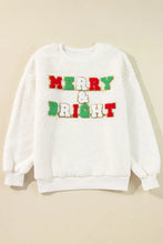 White fluffy Merry and Bright long sleeve sweatshirt in red green sequins