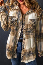 Brown and Beige Plaid Flannel Shirt with Long Sleeves and Patch Pockets