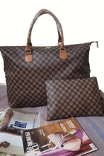 Brown and black checkered bag set with tote and matching clutch
