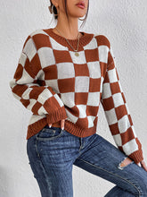 Brown and White Checkerboard Sweater Long Sleeve Pullover Acrylic