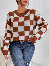 Brown and White Checkerboard Sweater Long Sleeve Pullover Acrylic