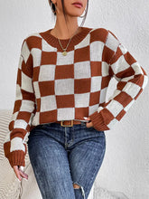 Brown and White Checkerboard Sweater Long Sleeve Pullover Acrylic Sweater Pullovers