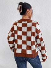 Brown and White Checkerboard Sweater Long Sleeve Pullover Acrylic