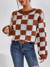 Brown and White Checkerboard Sweater Long Sleeve Pullover Acrylic Chestnut