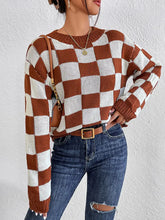 Brown and White Checkerboard Sweater Long Sleeve Pullover Acrylic Sweater Pullovers