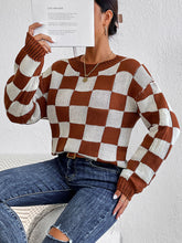 Brown and White Checkerboard Sweater Long Sleeve Pullover Acrylic
