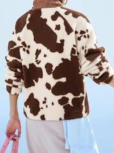 Brown and white cow print fleece jacket for women
