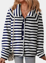 Women’s cow print fleece jacket with navy white striped hoodie