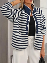 Women’s cow print fleece jacket with striped cardigan in navy and white