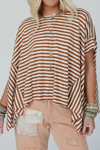 Brown and White Striped Poncho Top for Women Camel