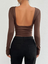 Brown Backless Long Sleeve Crop Top and Black Pants Set