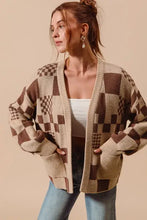 Brown beige checkered open cardigan sweater with pockets