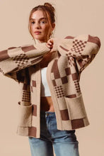 Brown beige checkered open cardigan sweater with pockets