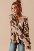 Brown beige checkered open cardigan sweater with pockets