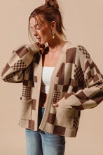 Oversized brown beige checkered open cardigan sweater with pockets