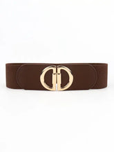 Brown buckle elastic belt with gold interlocking D-buckle for women