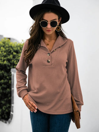 Brown Button-Up Long Sleeve Shirt for Women Dusty Pink