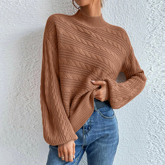 Brown Cable Knit Sweater Pullover 100 Percent Polyester Caramel