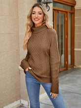Brown Cable Knit Turtleneck Sweater with Long Sleeves Caramel