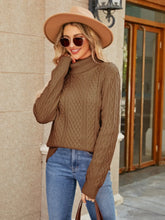 Brown Cable Knit Turtleneck Sweater with Long Sleeves