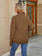 Brown Cable Knit Turtleneck Sweater with Long Sleeves